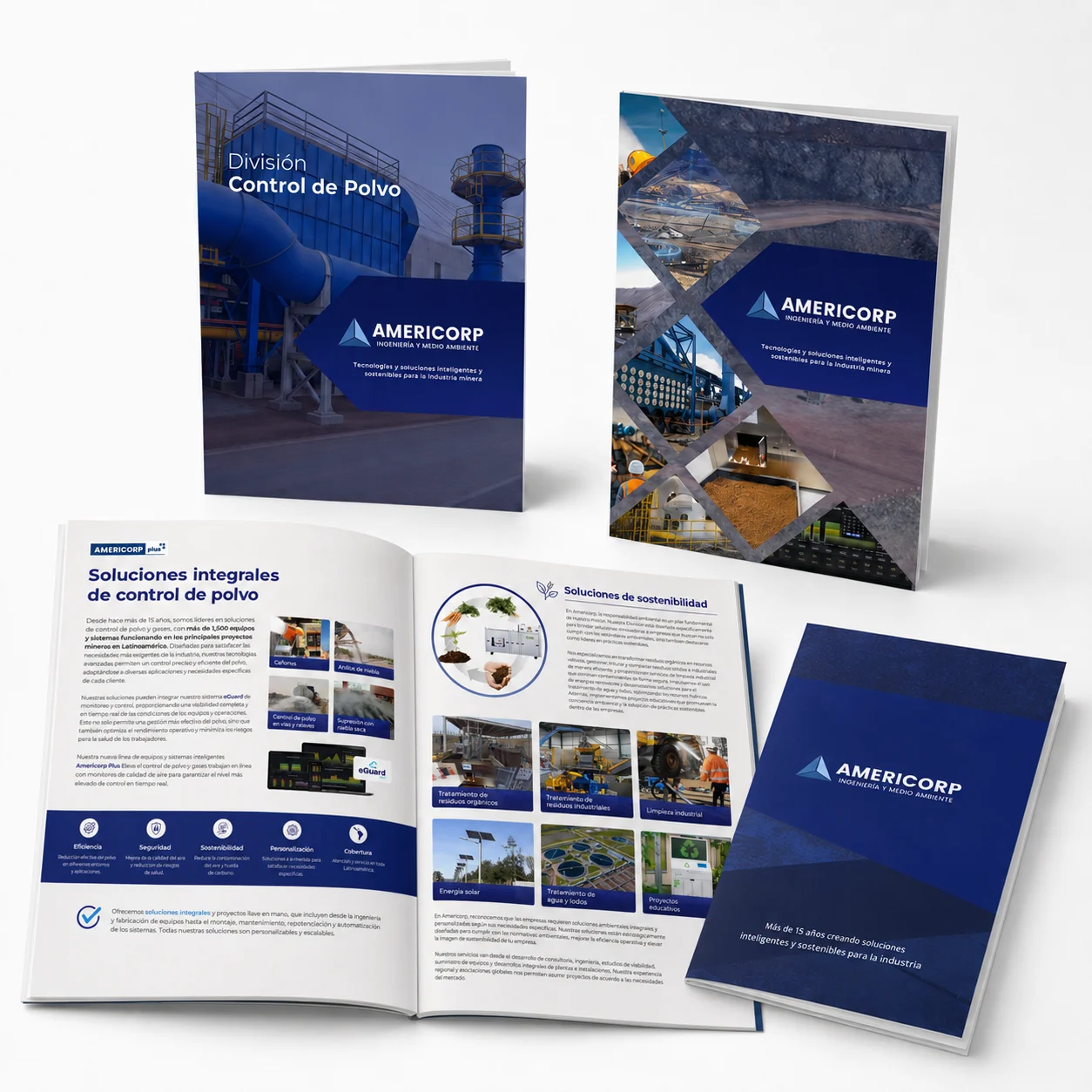 Brochures corporativos de Americorp: portadas de la división Control de Polvo y páginas interiores de soluciones de sostenibilidad