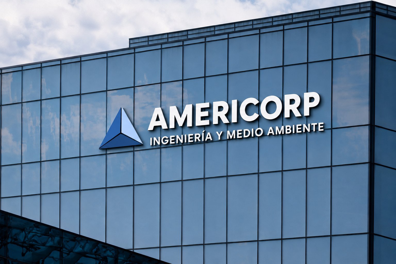 Fachada corporativa de Americorp con el logotipo instalado sobre el muro cortina de vidrio