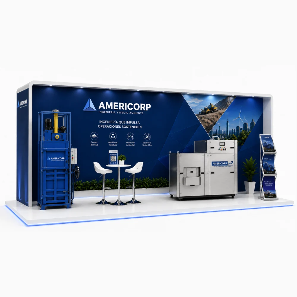Stand de Americorp para ferias minero-industriales, con equipos en exhibición, mostrador de atención y mural de marca iluminado