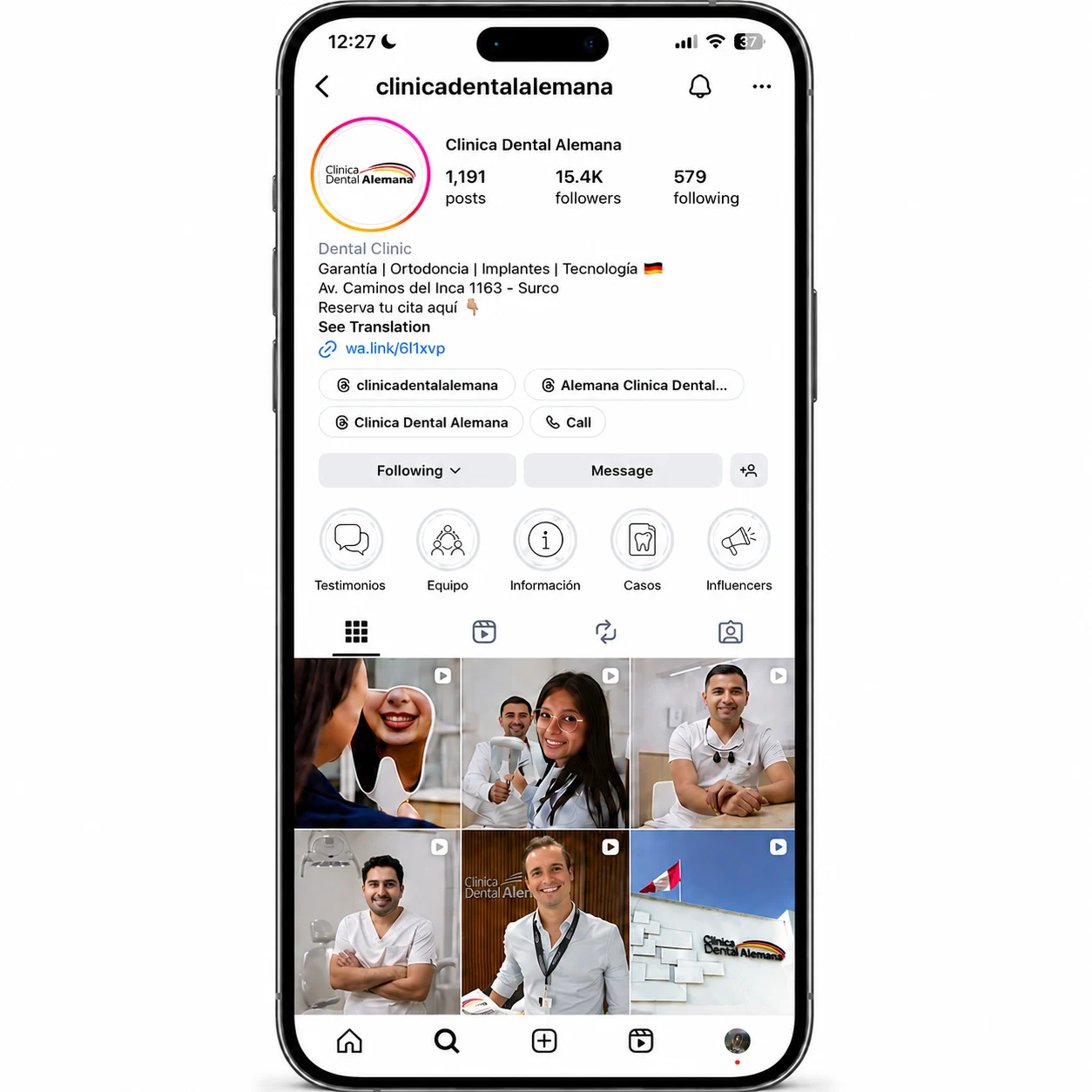 Perfil de Instagram de Clínica Dental Alemana con 15.4K seguidores y la parrilla de contenido publicada