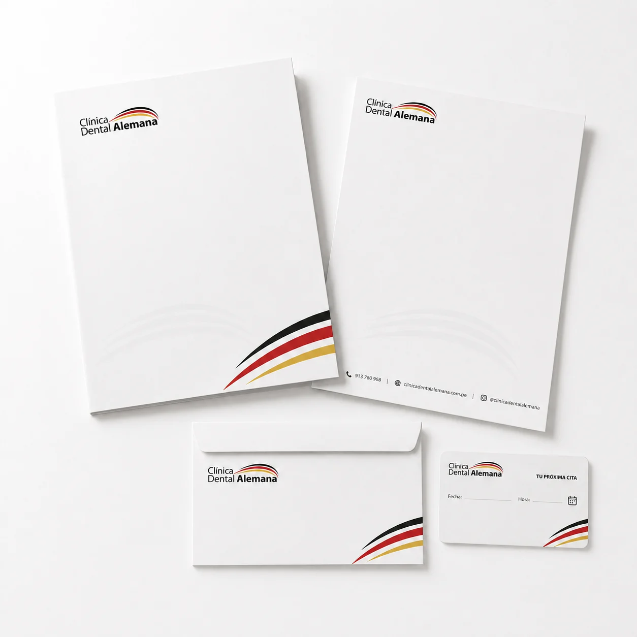 Identidad visual de Clínica Dental Alemana: logotipo, paleta cromática y aplicaciones del sistema de marca