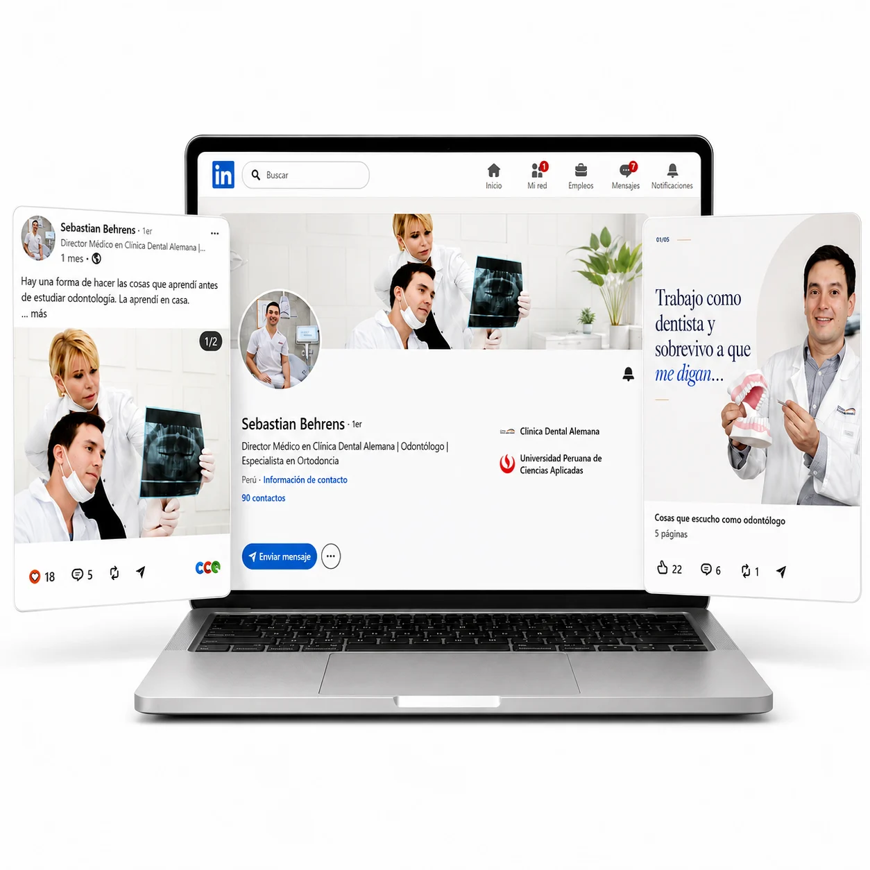 Perfil de LinkedIn del Dr. Sebastián Behrens, Director Médico de Clínica Dental Alemana, junto a dos publicaciones suyas sobre odontología
