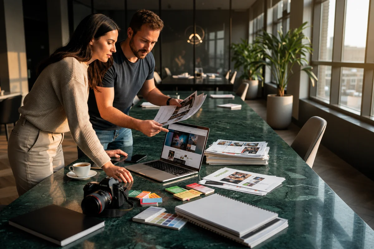 Dos personas revisando juntas piezas impresas y una web en el portátil sobre una mesa de reuniones, con muestras de color y cuadernos alrededor