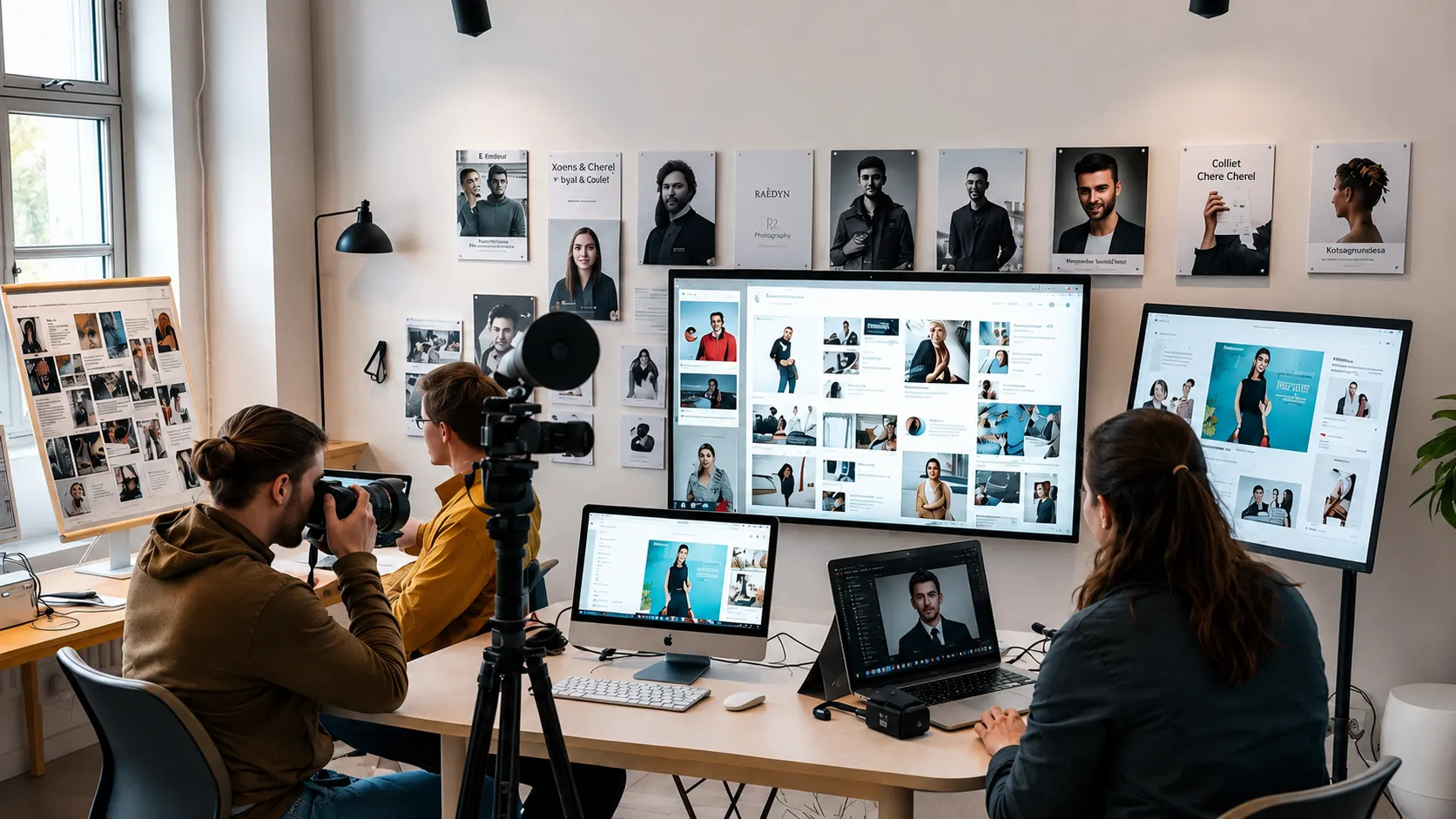 Equipo de contenido fotografiando y revisando publicaciones de redes sociales en varias pantallas, con un muro de moodboard de referencias detrás
