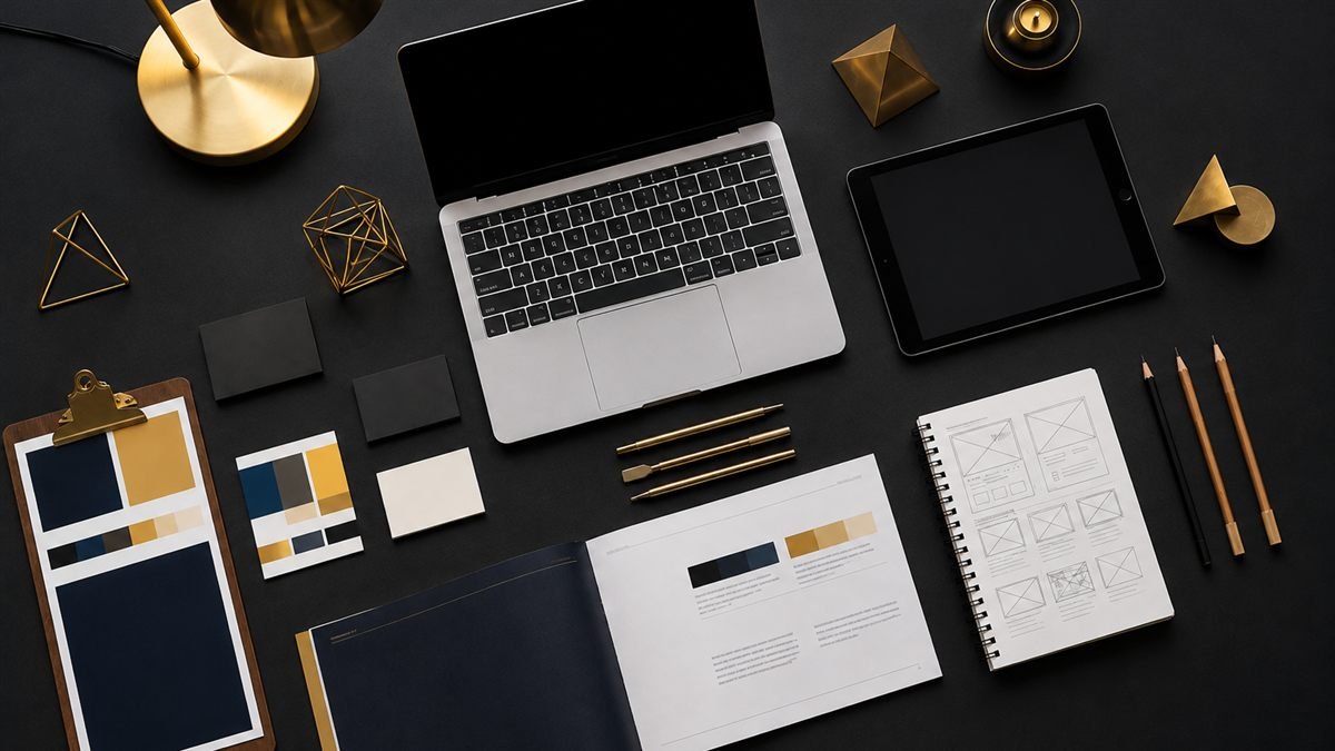Vista cenital de un manual de marca abierto junto a paletas de color, tarjetas de presentación, laptop, tableta y libreta de bocetos sobre una mesa oscura