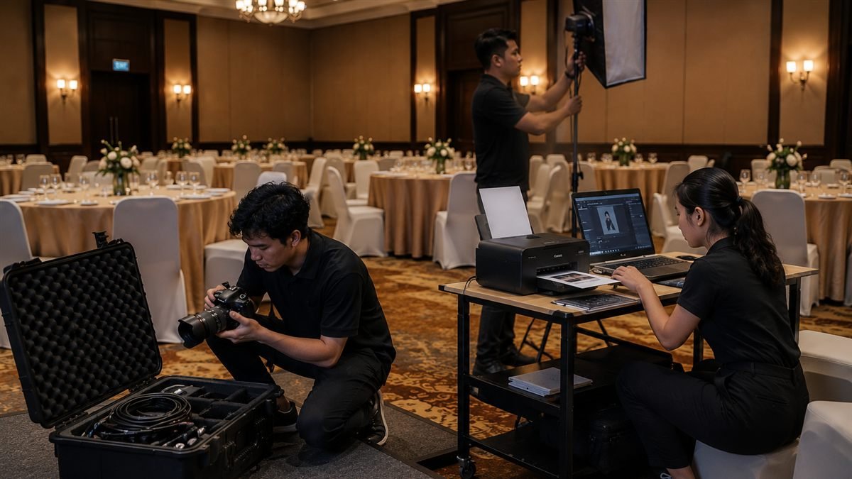 Equipo de producción audiovisual montando un set fotográfico en un salón de eventos, con maleta de equipo, laptop e impresora sobre un carrito