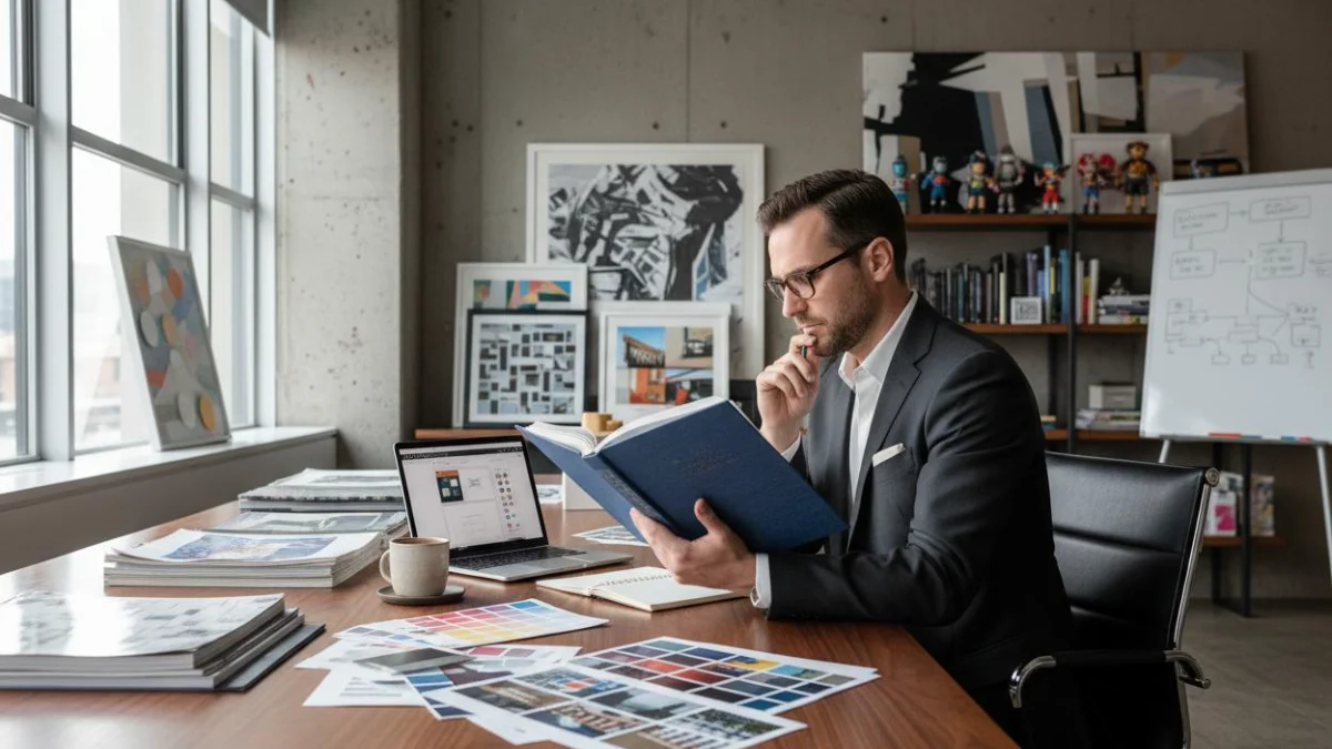 Consultor revisando un informe encuadernado en su escritorio, con un portátil, hojas impresas y cartas de color alrededor, y un diagrama de flujo en la pizarra del fondo
