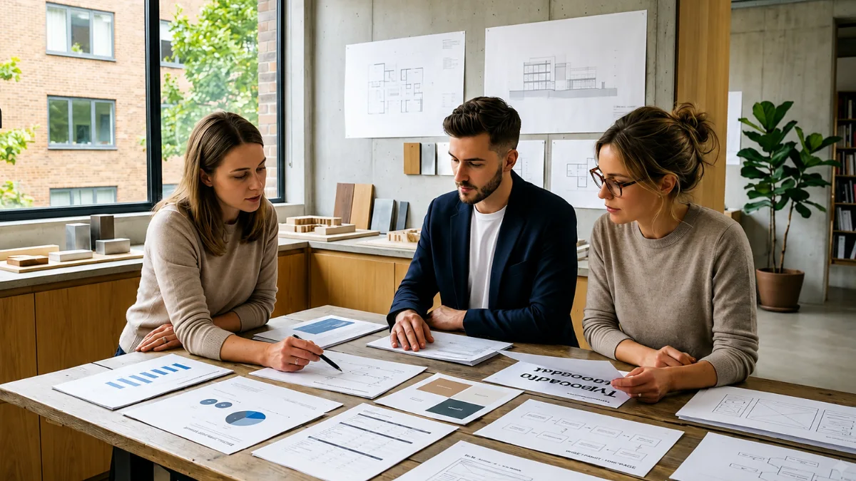Tres personas reunidas alrededor de una mesa cubierta de diagramas, gráficos y esquemas impresos, con planos colgados en la pared
