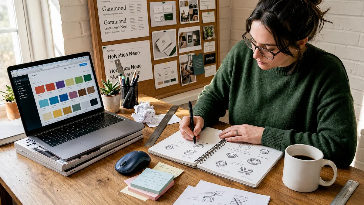 Diseñadora bocetando variantes de logotipo en un cuaderno, junto a un portátil con la paleta de color y un panel con especímenes tipográficos y piezas de marca