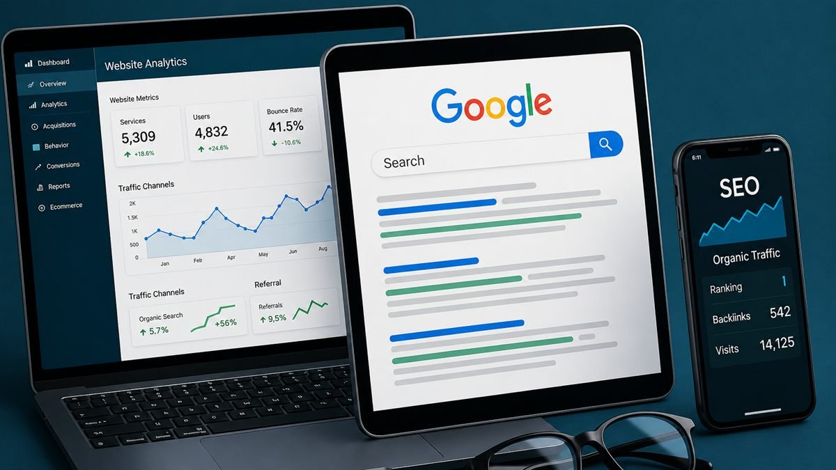 Laptop, tableta y móvil mostrando en simultáneo un panel de analítica, resultados de búsqueda en Google y métricas de tráfico orgánico