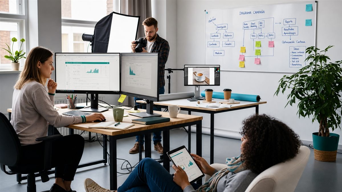 Equipo trabajando el frente de contenido: una persona revisa dashboards de rendimiento mientras otra fotografía producto en un set con luz continua